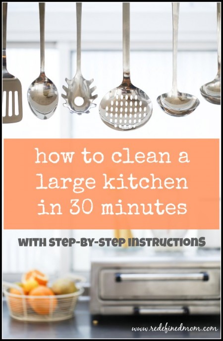 Do you have a larger kitchen Do you hate to clean it Or feel like it takes all.ever.lovin.day.to.do.it Here are 12 easy step-by-step instructions on how to how to clean a large kitchen in 30 minutes