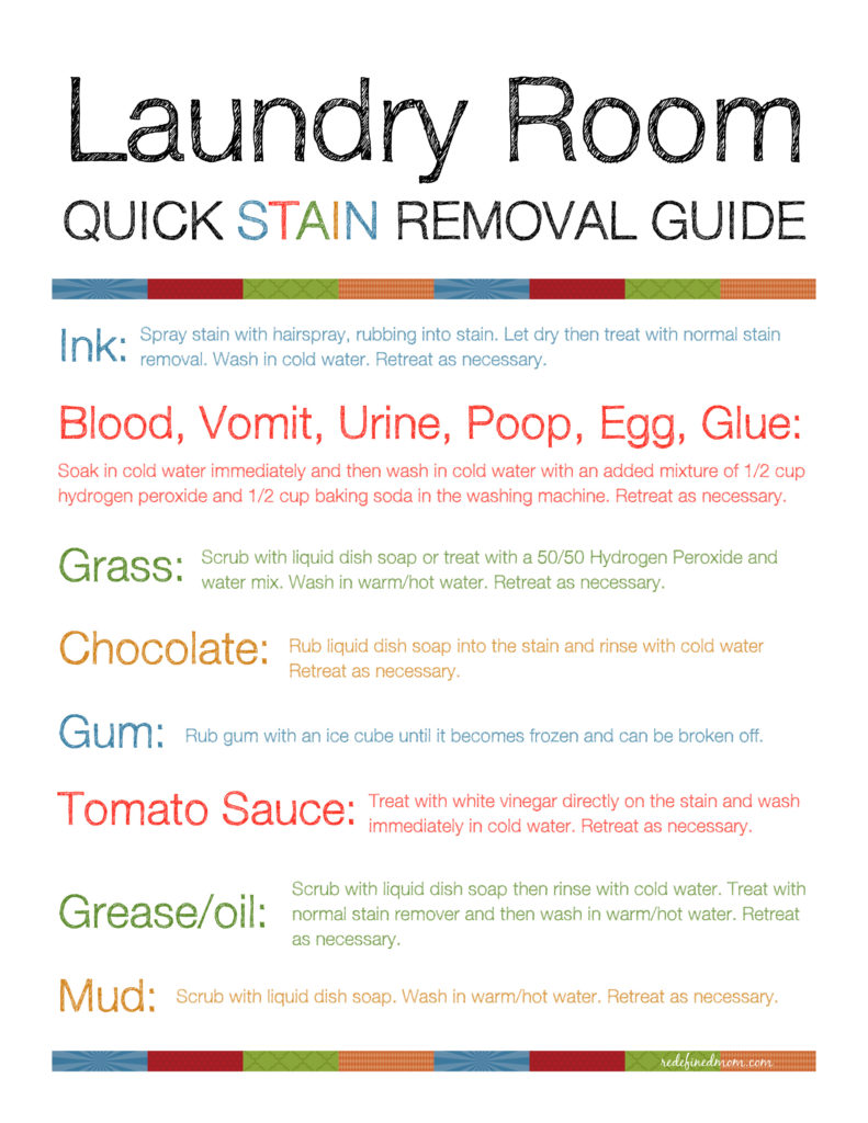 Tired of searching for stain removal techniques? Download this free Laundry Room Stain Removal Guide Printable and save yourself time and heartache. And it gets stains out really good too.