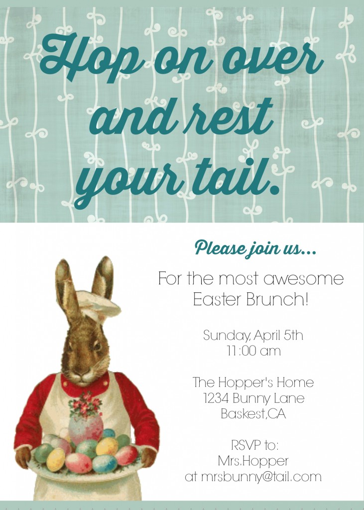 With this clever DIY Printable Easter Brunch Invite you are guaranteed to have a full house on Easter Sunday! This invite is perfect for an Easter egg hunt, brunch, lunch or dinner.  Whatever you plan on hosting, your guests will be high-tailing it over once they get your adorable invitation -- so you better get a hop on it!