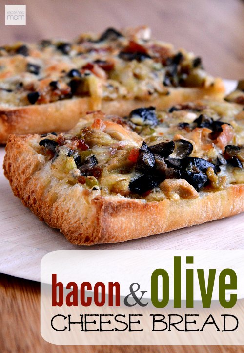 This Bacon Olive Cheese Bread Recipe is a crowd pleaser and can feed a crowd with items that are already in your pantry. Plus, it is super easy and fast! From start to finish in less than 35 minutes and can be made ahead and frozen.