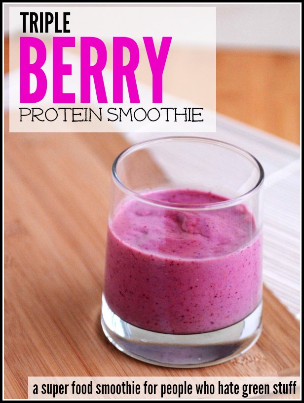 In our household, this Triple Berry Protein Smoothie Recipe is also known as the "gateway" smoothie.  You know what I mean, right? A smoothie that tastes so good that your "I hate smoothie" family members are asking for another. In all seriousness, I love this smoothie because it appeals to so many people. And it is packed full with a triple dose of protein (nut butter, protein powder, and flaxseed) - to keep them full and triple dose of flavonoids (blueberry, cherry and strawberry) that thwart the production of free radicals and keep their immune system up.