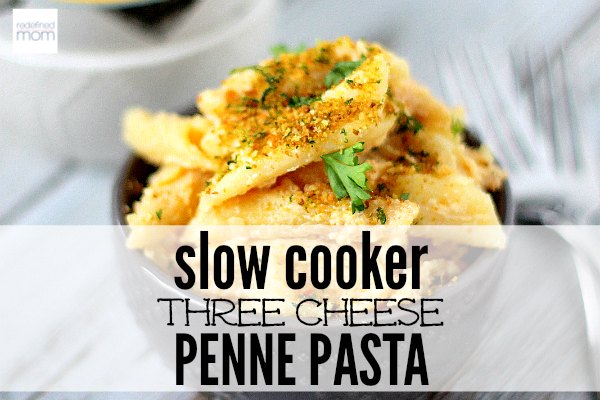 This Slow Cooker Three Cheese Penne Pasta Recipe is really more like a baked pasta dish (that just happen to use your slow cooker). The cheeses "meld" together with the pasta to create a hearty, dish that can either be eaten on it's own or as a side.