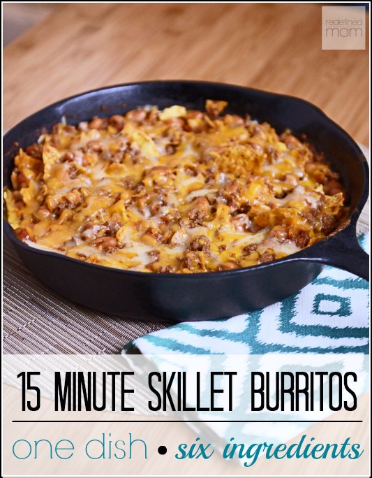 Looking for a healthy dinner when pressed for time? This versatile 15 Minute Skillet Burrito only takes 6 ingredients, is a 9.5 our 10 stars with my kiddos, and super easy. Even better, it's pretty darn healthy when made with lean ground beef and reduced-fat cheese.