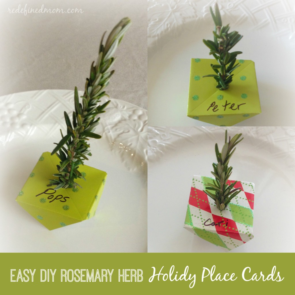 Looking for easy & beautiful place card holders? Here are Easy DIY Holiday Dinner Place Cards Using Rosemary Twigs that take no time and look great.