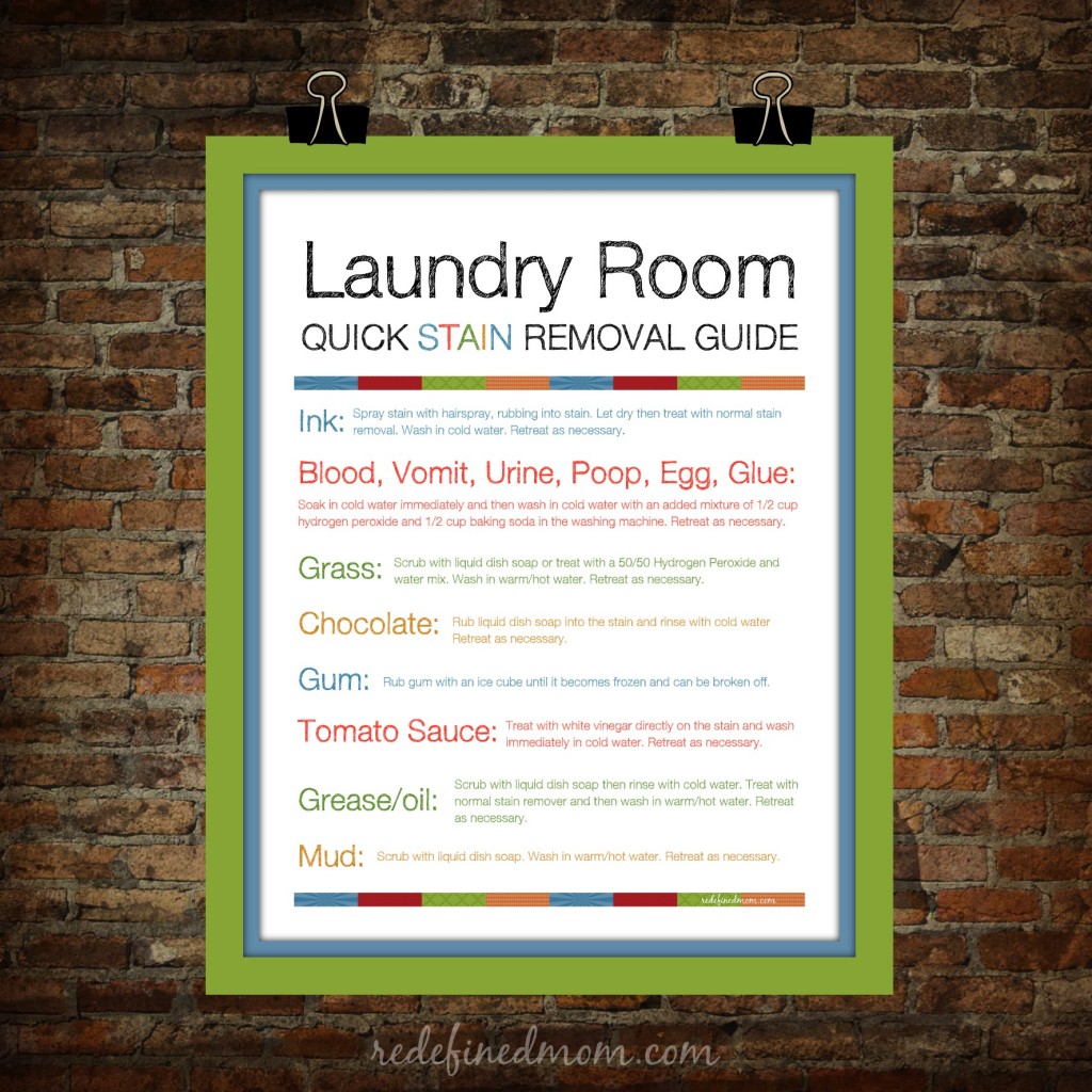 Tired of searching for stain removal techniques? Download this free Laundry Room Stain Removal Guide Printable and save yourself time and heartache. And it gets stains out really good too.
