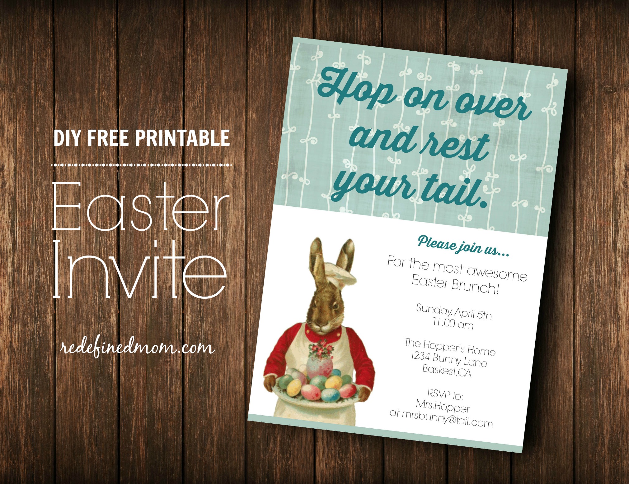 With this clever DIY Printable Easter Brunch Invite you are guaranteed to have a full house on Easter Sunday! This invite is perfect for an Easter egg hunt, brunch, lunch or dinner.  Whatever you plan on hosting, your guests will be high-tailing it over once they get your adorable invitation -- so you better get a hop on it!