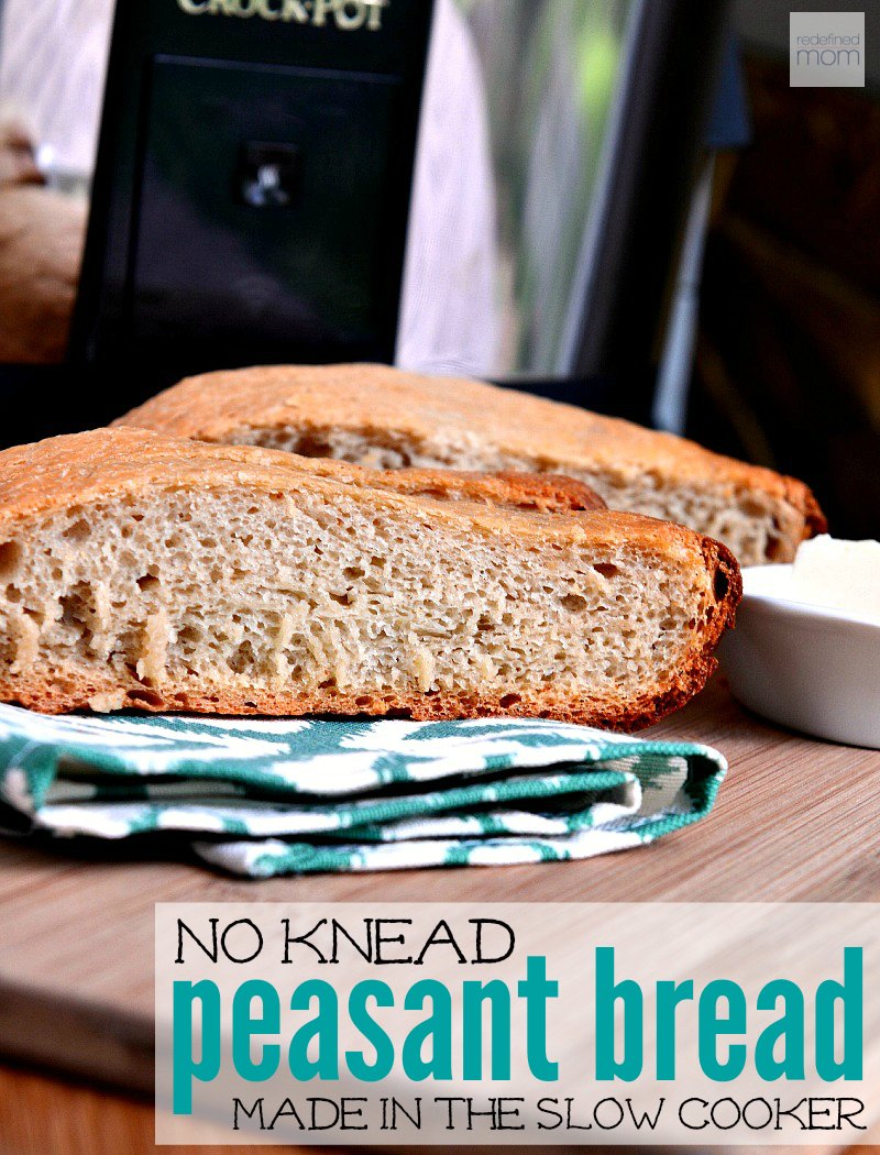 This Slow Cooker No Knead Peasant Bread Recipe lets you to have fresh bread in the summer without heating up the house. Perfect compliment to salads, pasta, grilled meat or a wine/cheese tray.