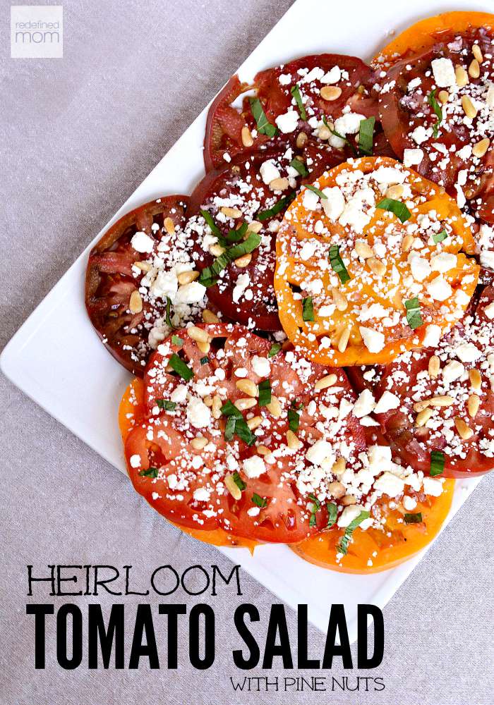 This Heirloom Tomato Salad recipe lets the full flavor of the tomatoes shine, while providing the right amount of creaminess and nuttiness with the feta cheese and pine nuts.