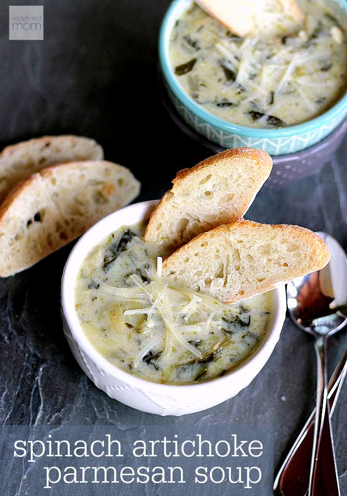 This creamy Slow Cooker Spinach Artichoke Parmesan Soup takes all the things you love about the dip and makes it into a soup. Perfect side for bread and sandwiches.