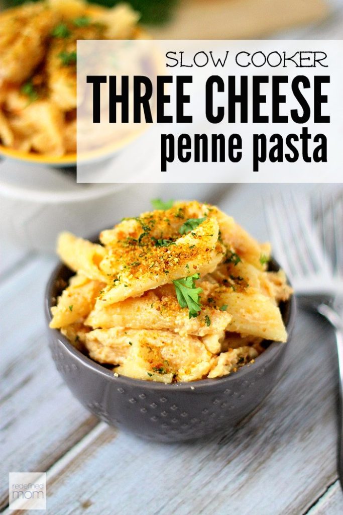 This Slow Cooker Three Cheese Penne Pasta Recipe is really more like a baked pasta dish (that just happen to use your slow cooker). The cheeses "meld" together with the pasta to create a hearty, dish that can either be eaten on it's own or as a side.
