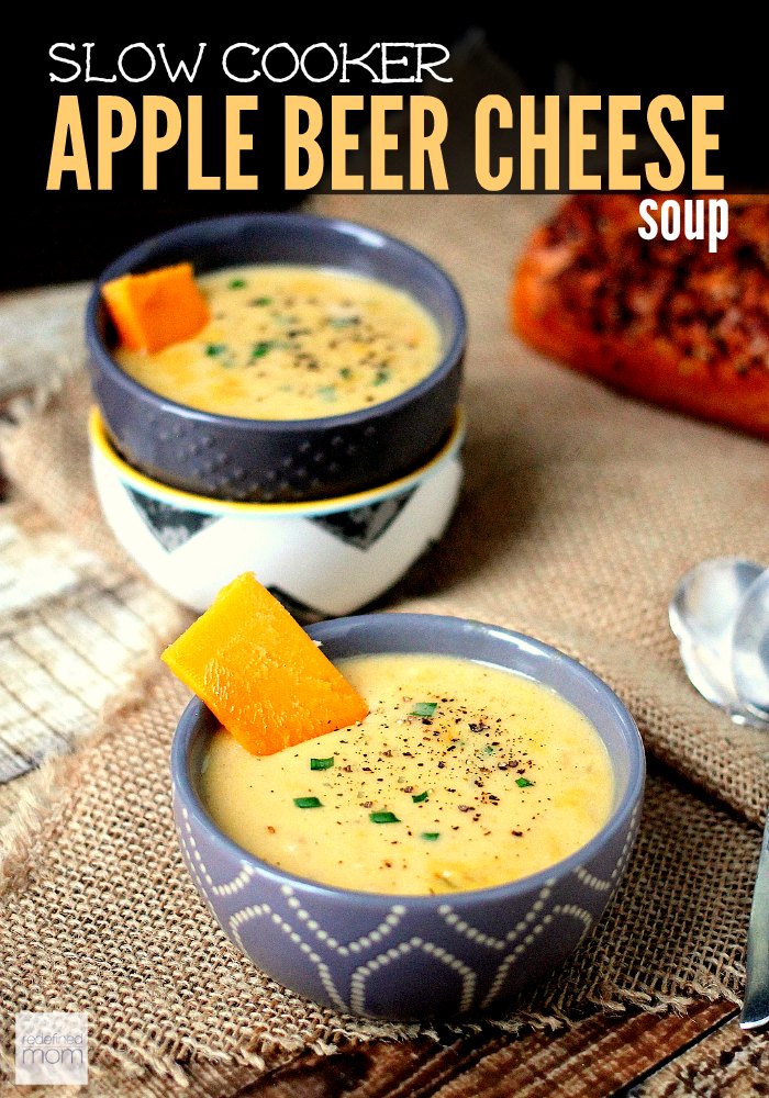 This slow cooker apple beer cheese soup recipe is sweet, bitter and creamy all in one bite. Serve with crusty bread for a meal the whole family will enjoy. Plus, the soup is SUPER QUICK to make and cook. Make in the AM for lunch of afternoon for dinner.