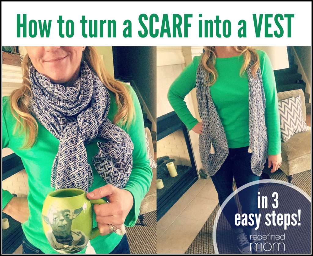 In exactly one minute, I can increase your wardrobe! Yep, here is how to turn a scarf into a vest in one minute with three easy steps. You'll be shocked how easy it is to do. 